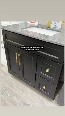Black Vanity, Kitchen Cabinet, Countertop, Faucet, Mirror
