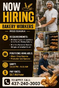 NOW HIRING – Bakery Workers (Mississauga)