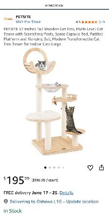 Modern Wooden Cat Tree Tower with Space Capsule - Photo 9