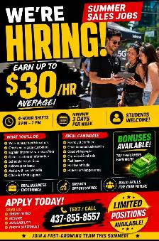 SUMMER SALES JOB - EARN UP TO $30/HR