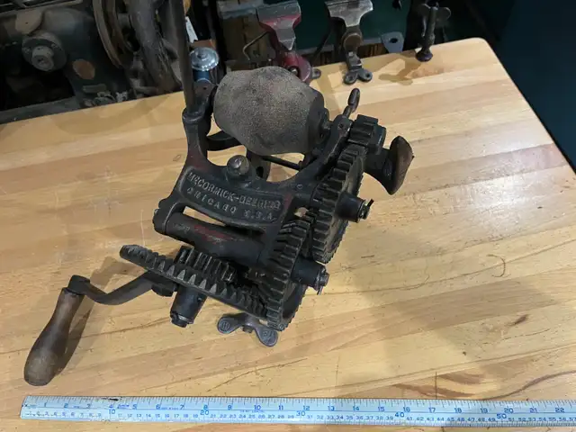 Antique hand crank McCormick Deering sickle mower knife grinder