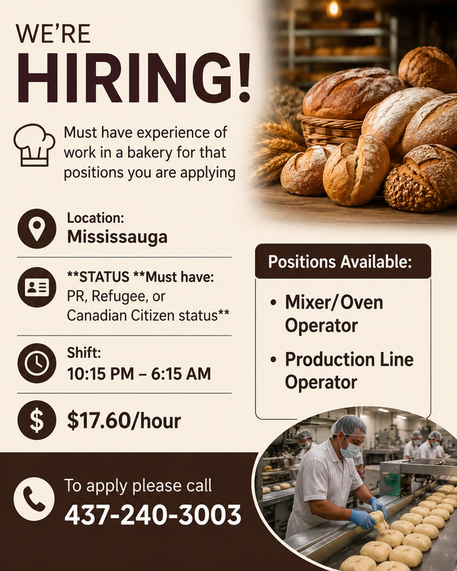 Mixers, oven operators, line operators jobs