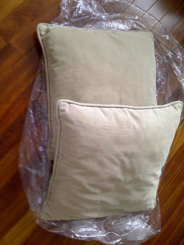 2 BEAUX GROS COUSSINS EN VELOURS BEIGE 16'x16': $5.00 CHACUN