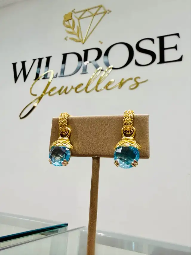 18karat 8.00CTW Natural Blue Topaz Checkerboard Earrings