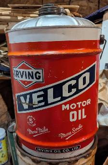 VINTAGE 1950's IRVING VELCO MOTOR OIL (5 GAL. IMP.) CAN
