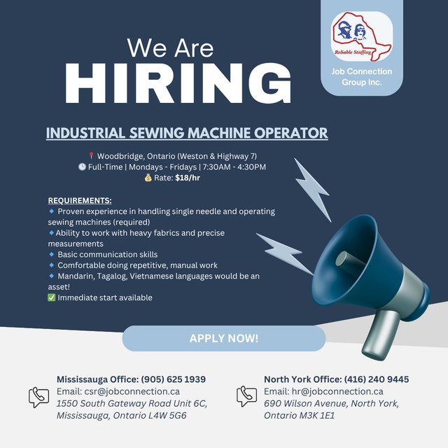 NOW HIRING: Industrial Sewing Machine Operator