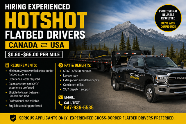 HIRING EXPERIENCED HOTSHOT FLATBED DRIVERS | CANADA ⇄ USA