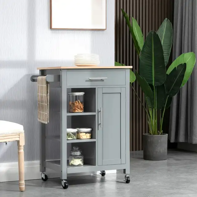 Kitchen Island, Compact Kitchen Cart on Wheels with Open Shelf