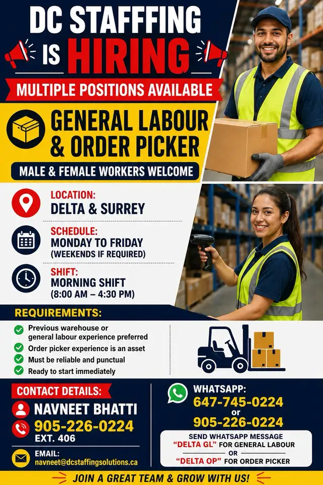 Hiring Order Picker forklift Operators and General Labors