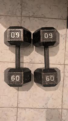 Pair of 60 lb cast iron hex dumbbells