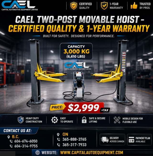 New CAEL Two-Post Movable Hoist – Certified &Warranty &Finance