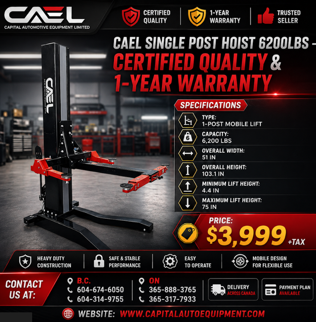 New CAEL Single Post Hoist 6200lbs –Certified &Warranty &Finance