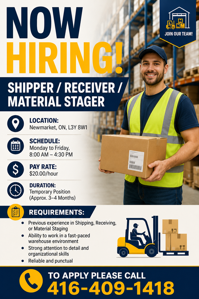 NOW HIRING – SHIPPER / RECEIVER