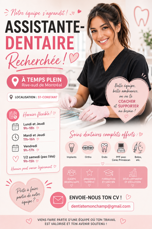 DENTAL ASSISTANTE-RECHERCHÉE-RIVE-SUD DE MTL-ST-CONSTANT
