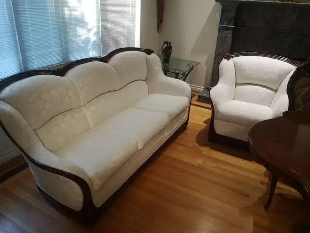 Vintage European Cream Damask Sofa and Armchair Set