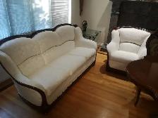 Vintage European Cream Damask Sofa and Armchair Set