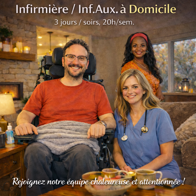 Infirmière auxiliaire à domicile, 3 jours/soirs, 38$/h