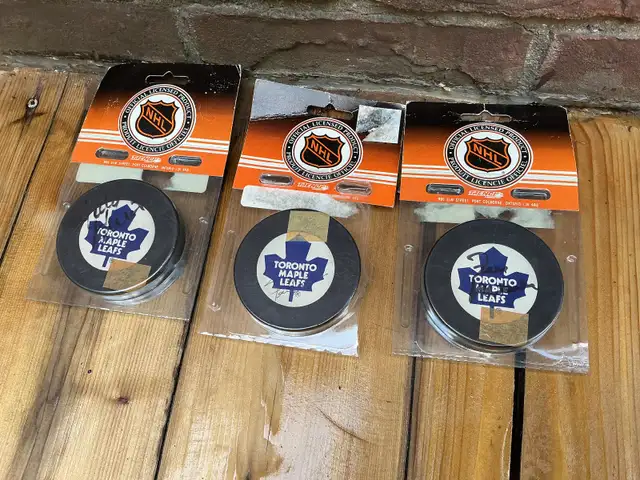 1980’s  3 Vintage Signed TORONTO MAPLE LEAFS TRENCH Hockey Pucks
