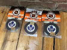 1980’s  3 Vintage Signed TORONTO MAPLE LEAFS TRENCH Hockey Pucks