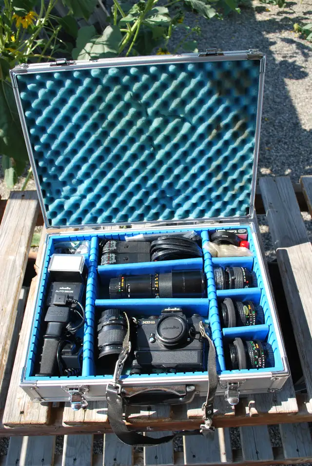 Minolta XD11 35mm Camera, accessories and aluminium case