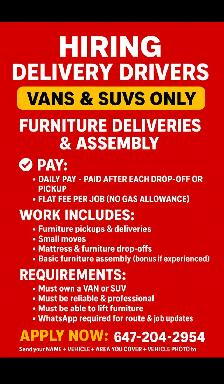 DELIVERY DRIVERS NEEDED DAILY PAY