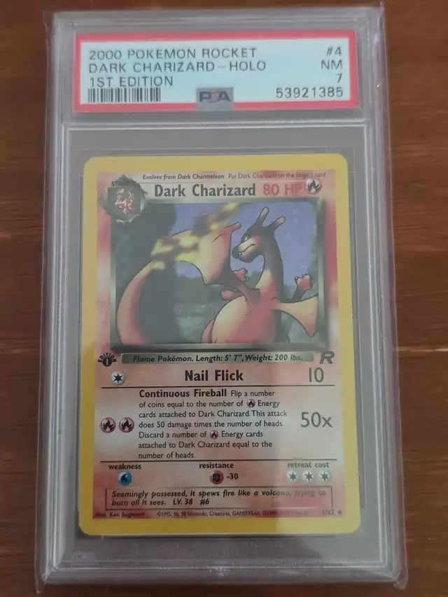 2000 Pokémon Rocket Dark Charizard 1st ed Holo Swirl PSA 7