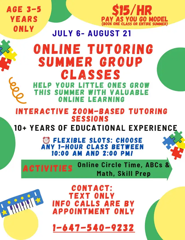 Online Summer Tutoring  Group Sessions (Ages 3-5)