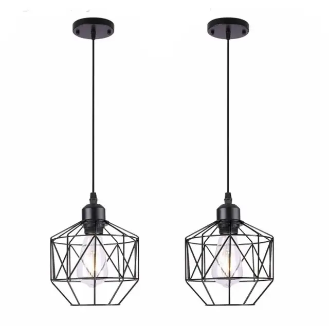 2 Black Industrial Vintage Farmhouse 7"Metal Cage Pendant Light