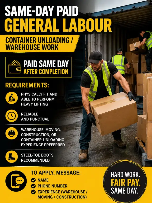 Same-Day Paid General Labour  Container Unloading / Warehouse Wo