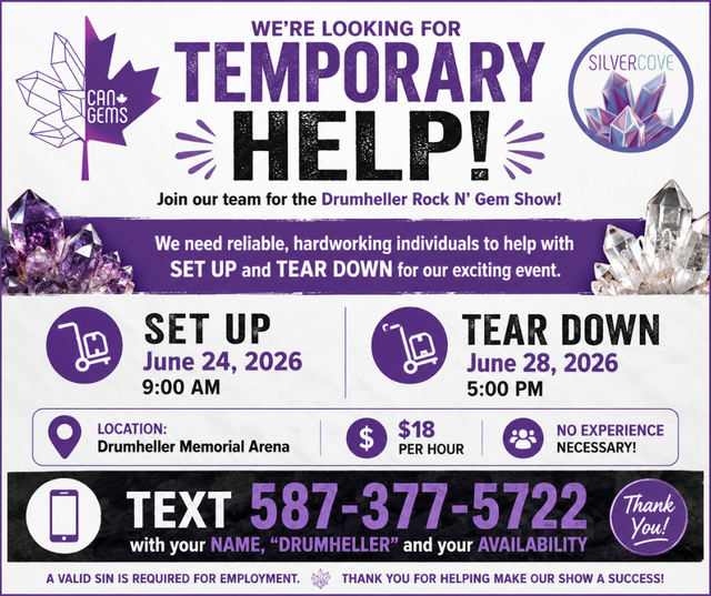 Temporary Event Staff Needed – Drumheller Rock N' Gem Show