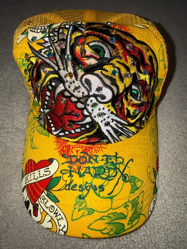 Rare Ed Hardy Tiger Rhinestone Trucker Hat – Yellow Snapback