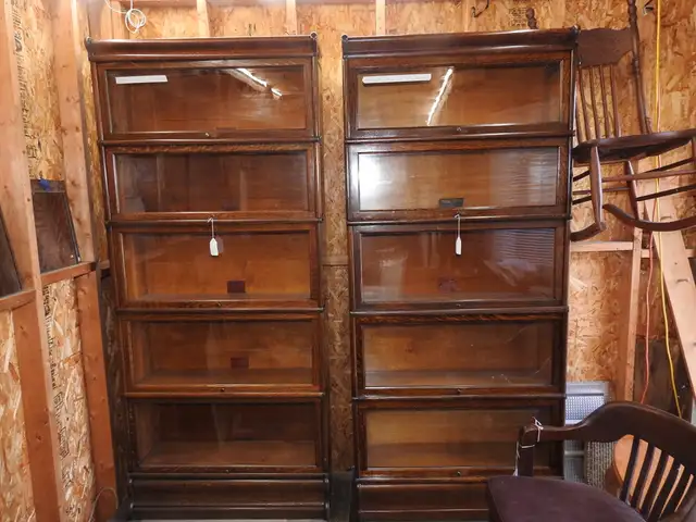Rare Identical twin Antique barrister bookcases, 5 glass levels