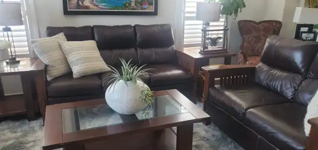 Living Rm Set: 2 Leather Couches, 3 Wooden Tables (PICK-UP ONLY)
