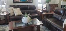 Living Rm Set: 2 Leather Couches, 3 Wooden Tables (PICK-UP ONLY)