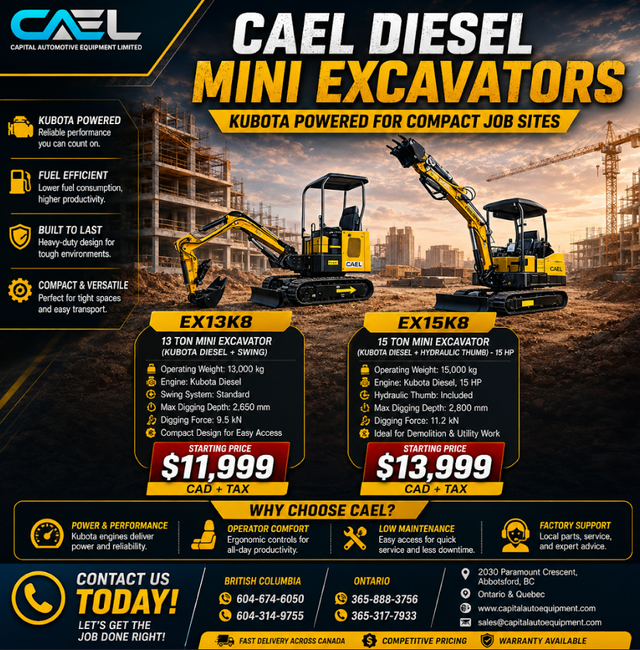 NEW CAEL Diesel Mini Excavators 1.3T/1.5T– Kubota certified warr
