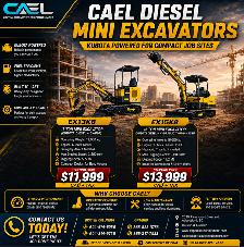 NEW CAEL Diesel Mini Excavators 1.3T/1.5T– Kubota certified warr