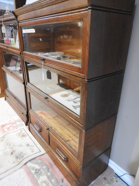 Unique 3 glass level antique barrister bookcase with 2 drawers