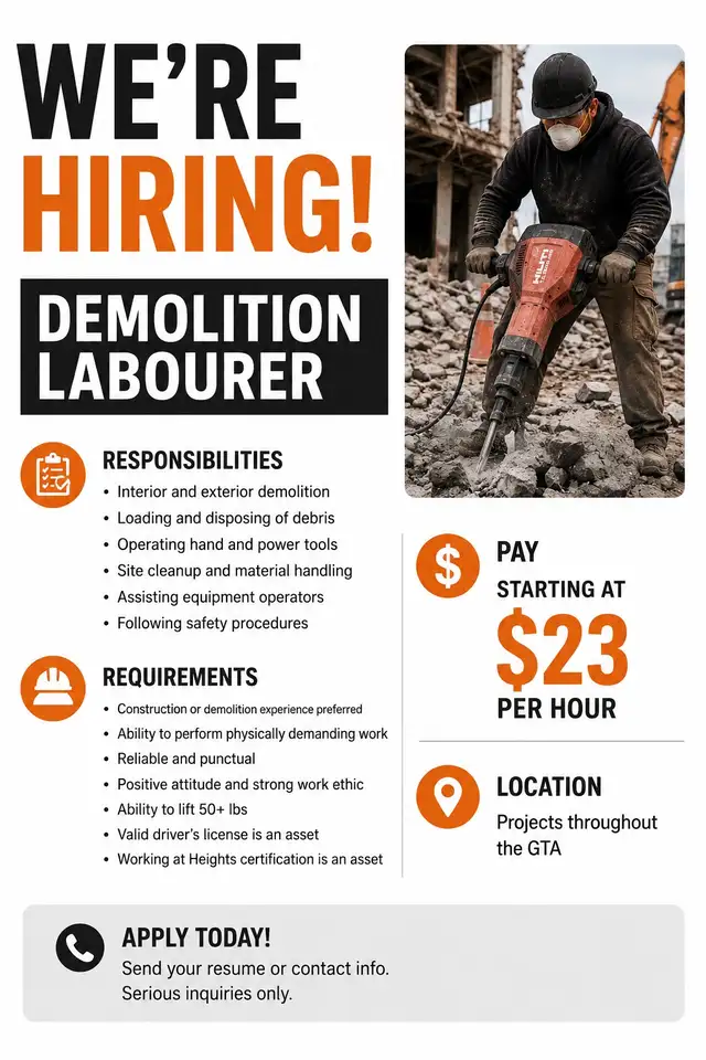 demolition labourers wanted. full time starting $23/hr cash