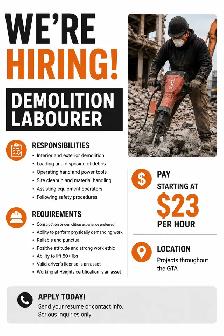 demolition labourers wanted. full time starting $23/hr cash