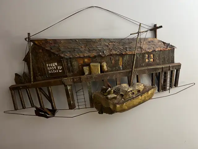 Free delivery used Rustic Metal Fishing Shack and Boat Wall Art