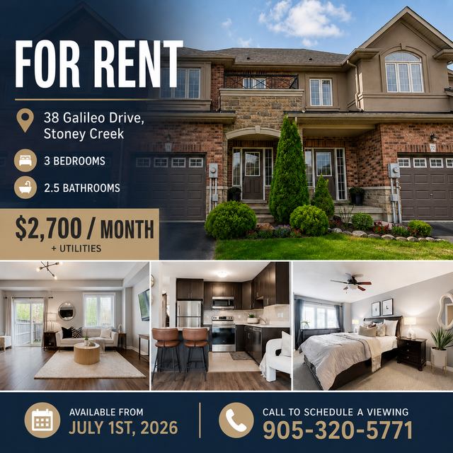 3 BEDROOM HOME FOR RENT IN STONEY CREEK/HAMILTON!