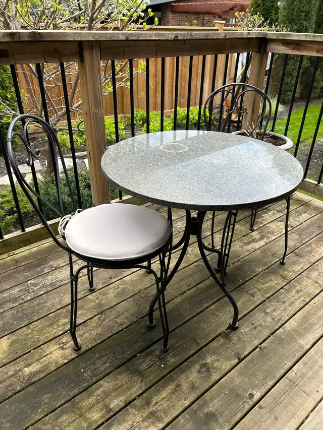 Outdoor Granite Top Table with 2 Wrought Iron Chairs