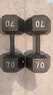 70 lb Cast Iron Hex Dumbbells Pair