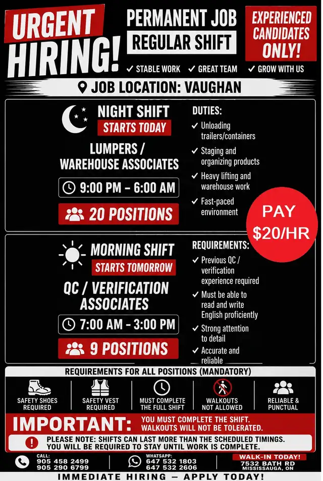 URGENT HIRINGPERMANENT JOBS – REGULAR SHIFTS