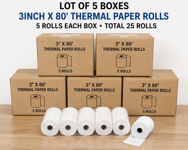 LOT OF 25 Thermal Paper Rolls 3' x 80' – 5 Boxes (5 Rolls Each)