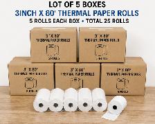LOT OF 25 Thermal Paper Rolls 3' x 80' – 5 Boxes (5 Rolls Each)
