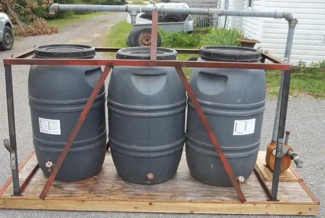 3 Water / Rain Barrels w/ Pump / Hose /Steel Structure