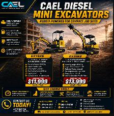 NEW CAEL Diesel Mini Excavators 1.3T/1.5T– Kubota certified warr