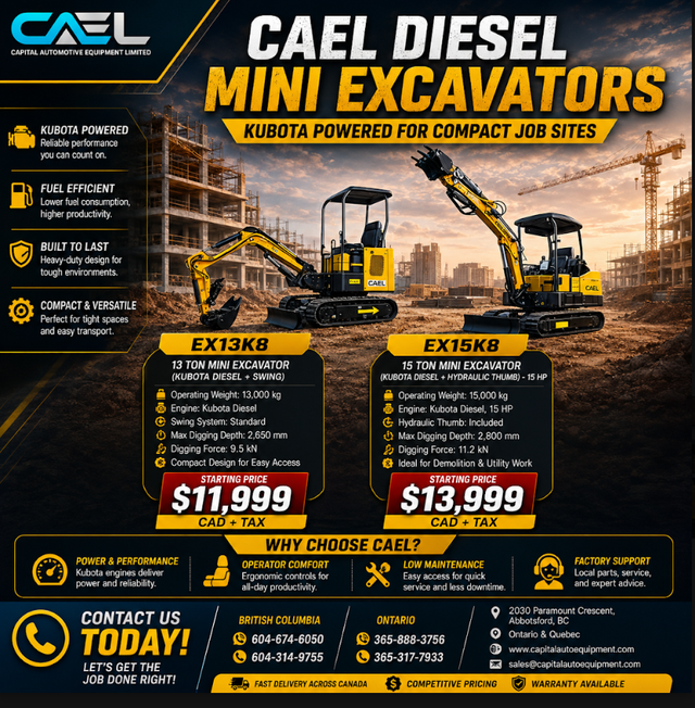 NEW CAEL Diesel Mini Excavators 1.3T/1.5T– Kubota certified warr