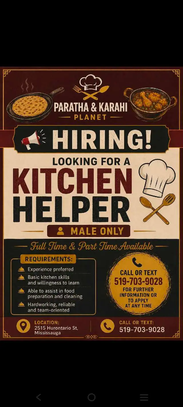 Hiring: Kitchen Helper at Paratha & Karahi Planet
